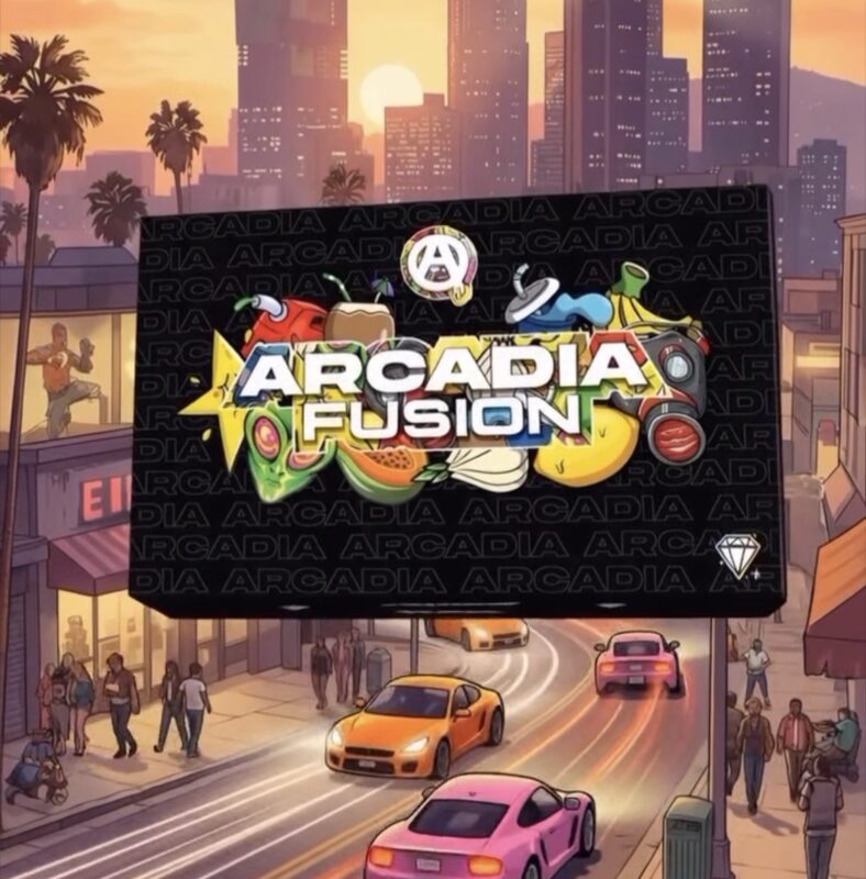 Arcadia Fusion 2g Dual Chamber Disposable vape showing Tropical x Pop Rocks flavor with sleek design and Boost button
