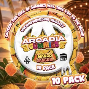Arcadia Gummies Mango Sangria Pack of 10 Premium Edibles Arcadia Gummies Mango Sangria pack of 10 cannabis edibles packaging